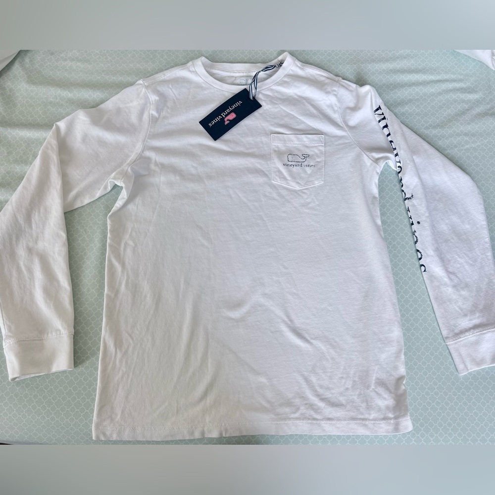 Vineyard Vines White Long-Sleeve Pocket Tee with Sleeve Logo